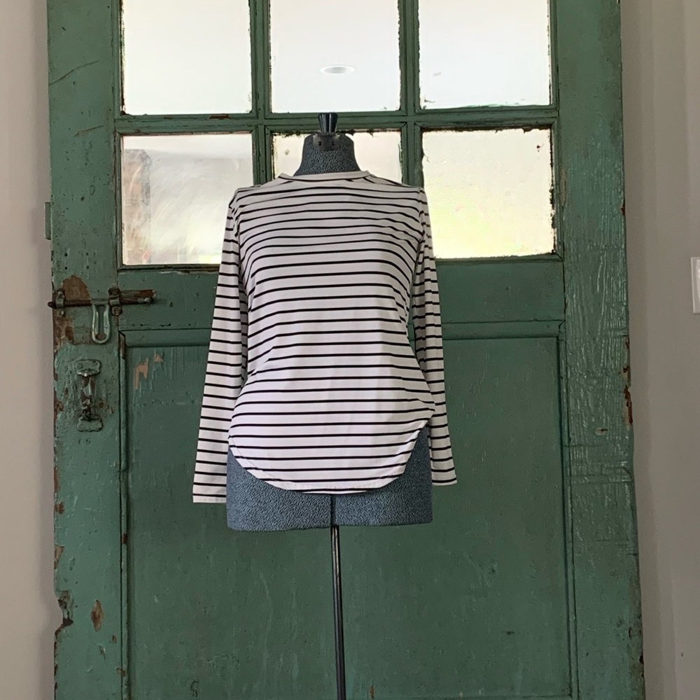 White striped long sleeve striped top with elbow patches.